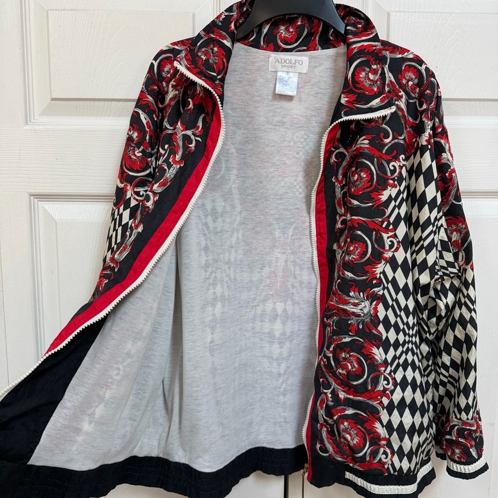 VTG Adolfo Red and Black Patterned Bomber Jacket Windbreaker Size S Zip - Picture 3 of 15